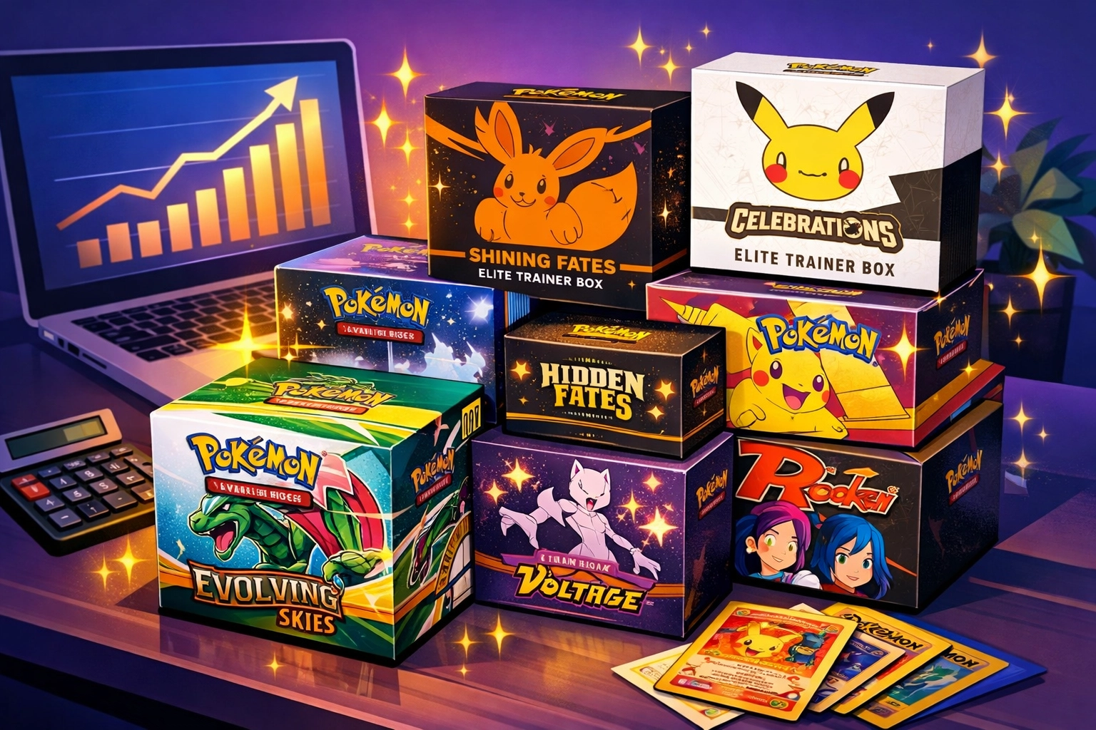 Pokémon sealed booster boxes and Elite Trainer Boxes stacked on desk with investment growth charts