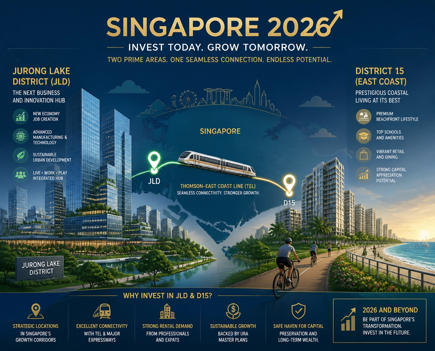 Singapore property investment growth areas highlighting Jurong and East Coast connectivity.
