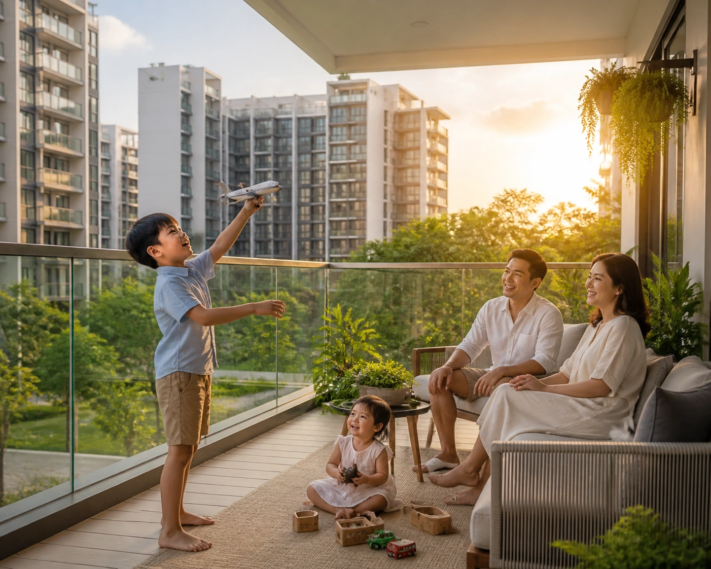 A happy Singaporean family enjoying their spacious balcony in a long-term Executive Condominium forever home.