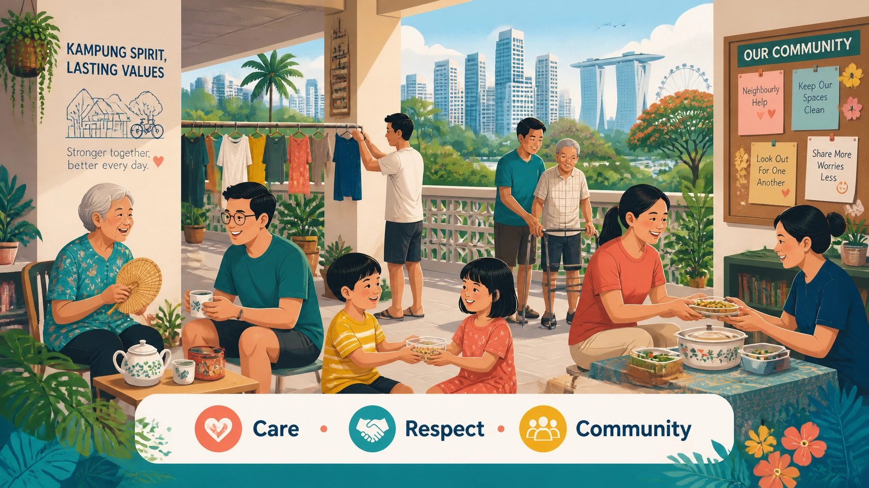 Multigenerational Singapore neighbourhood scene illustrating kampung spirit and community care