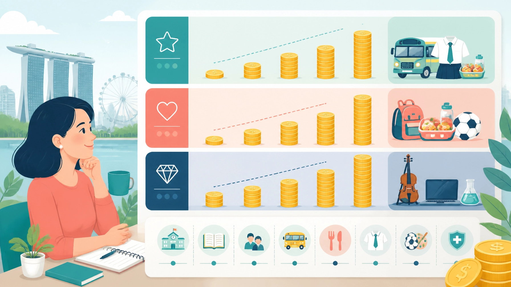 Parents reviewing international school fees, transport, uniforms and activity costs in a Singapore education budget infographic