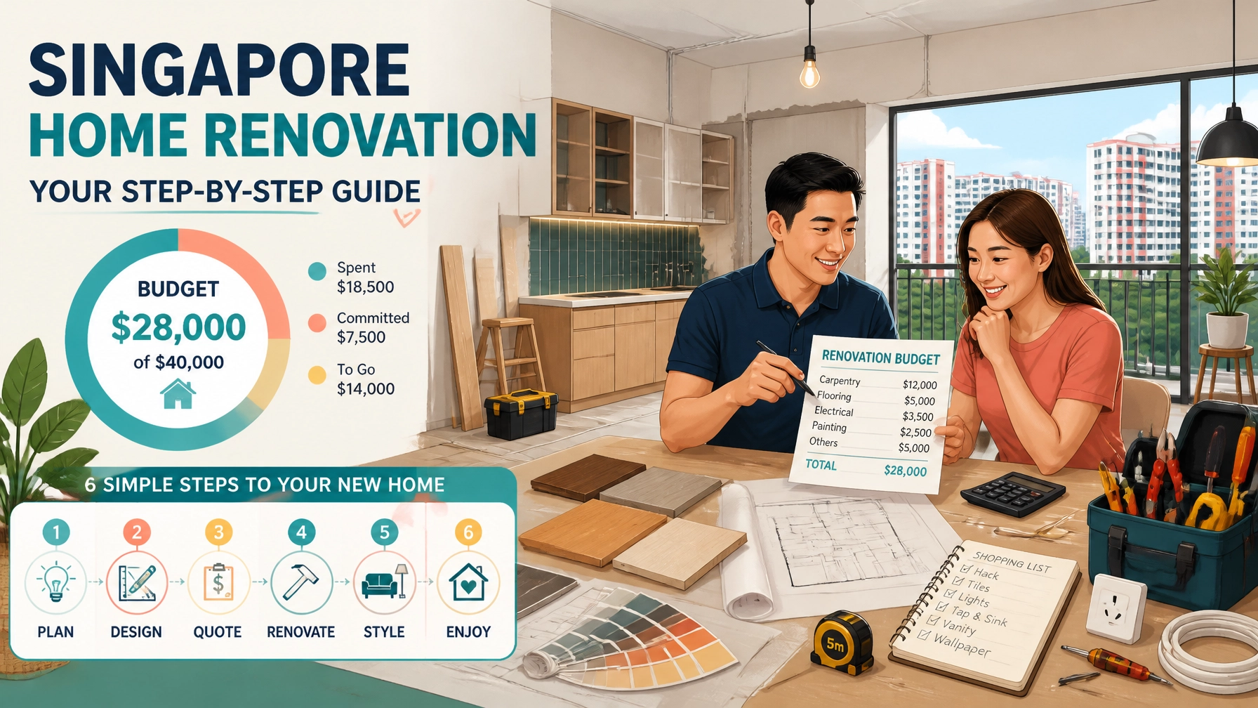 Singapore HDB home renovation budget guide showing a homeowner, contractor, renovation materials and a visual renovation timeline