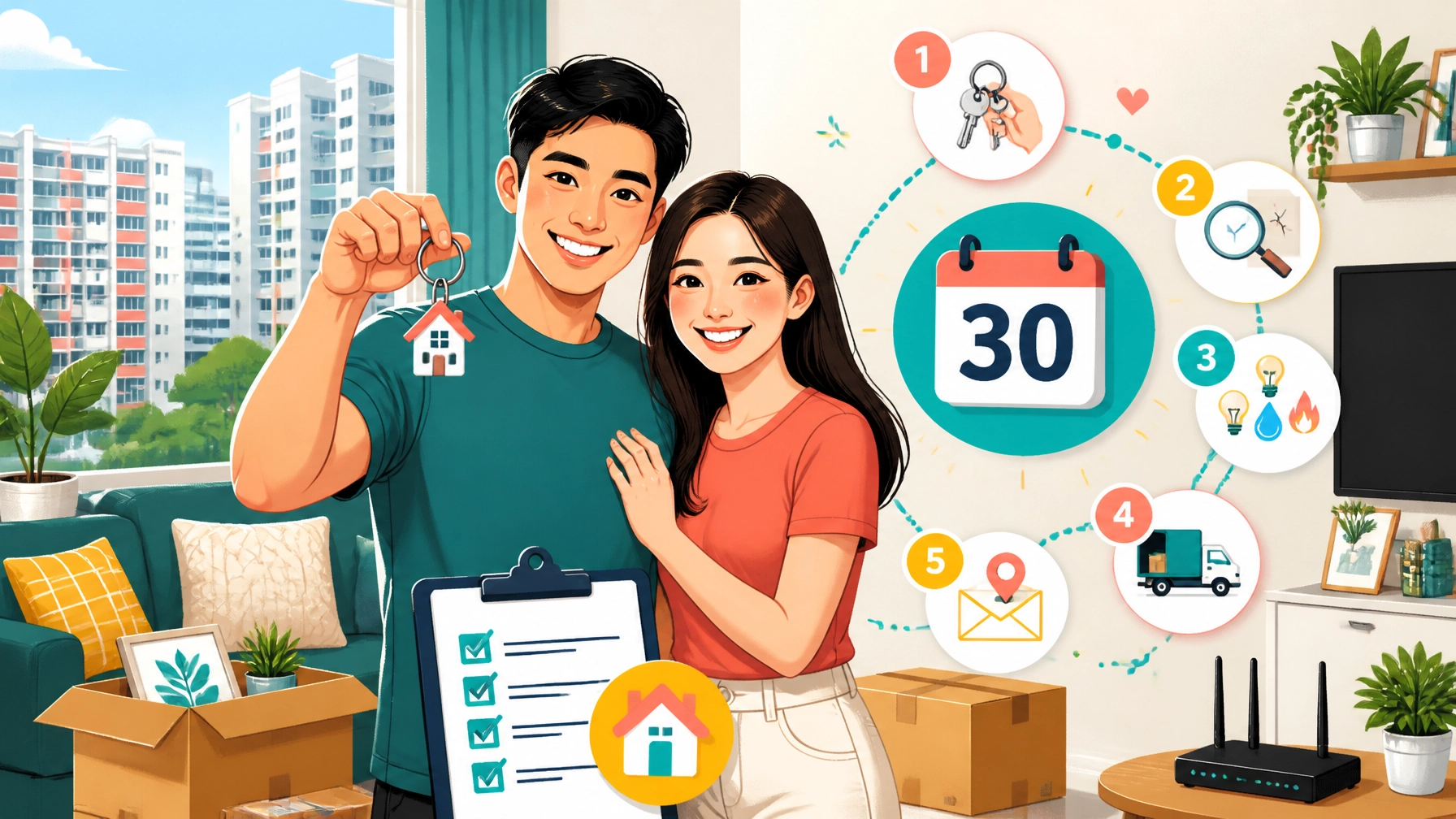 Happy Singaporean couple holding new home keys in a bright HDB living room with a 30-day moving-in checklist