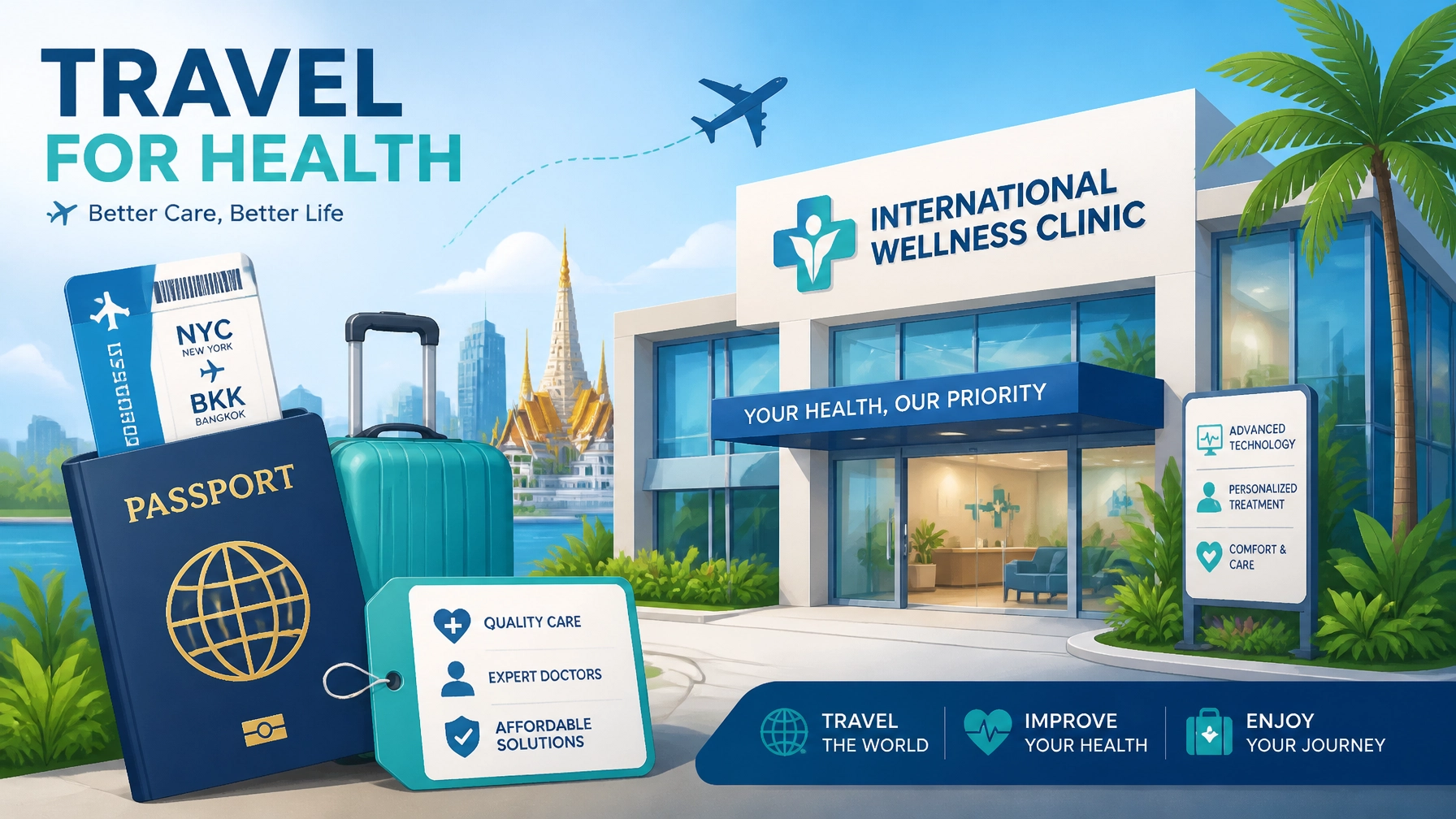 Medical tourism concept showing passport and clinic