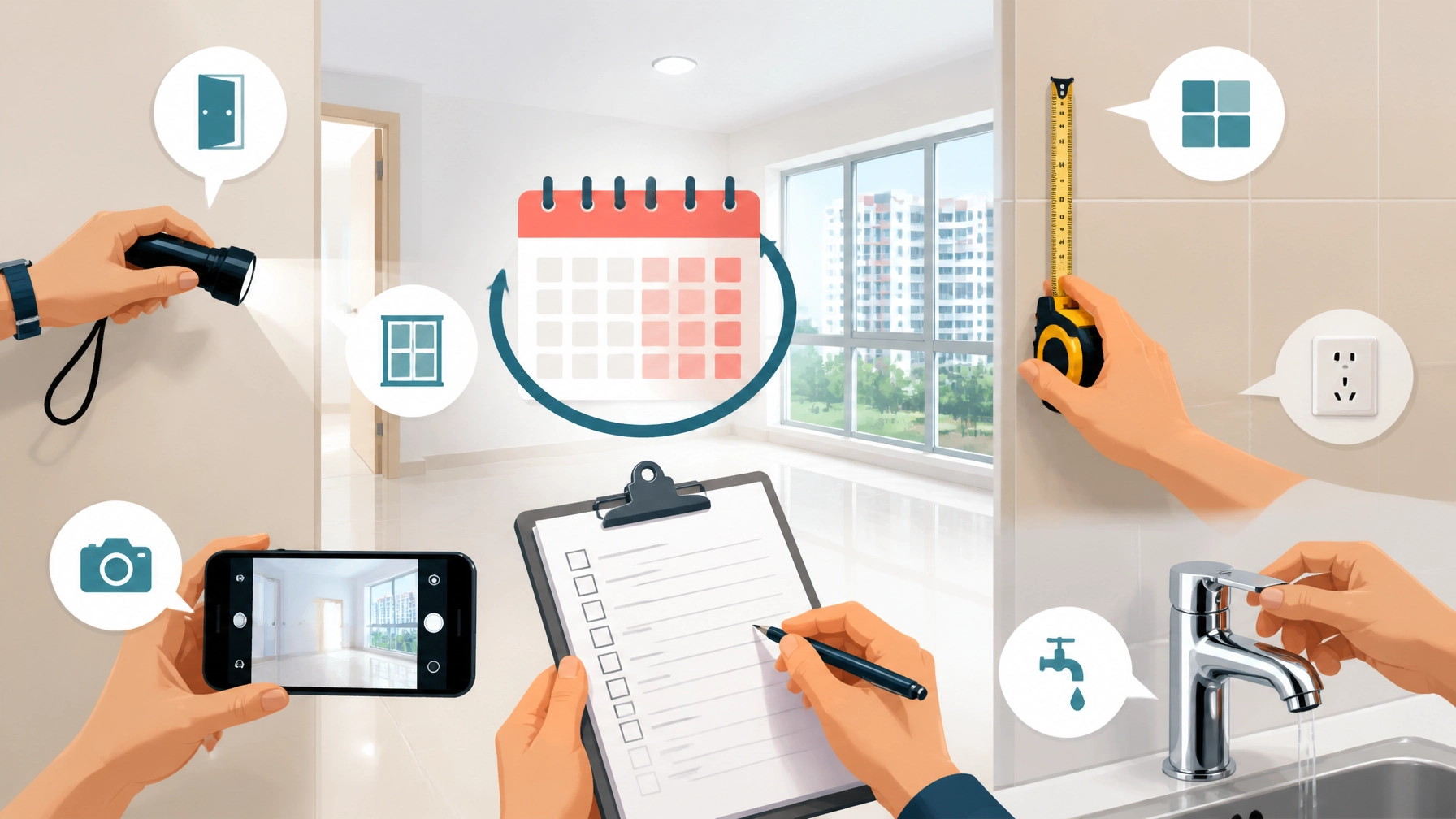 New homeowner inspecting an empty HDB flat with a checklist, torch, measuring tape and phone camera