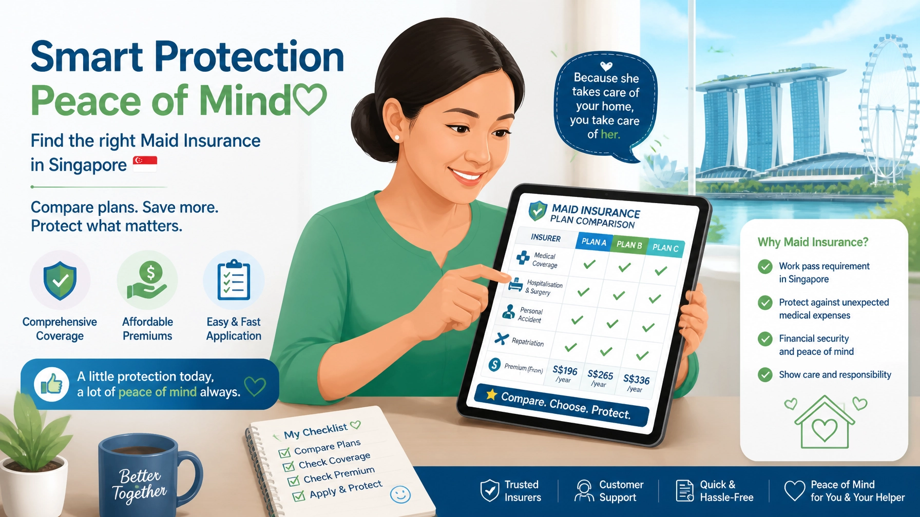 Infographic illustration showing Singapore employer comparing maid insurance policies