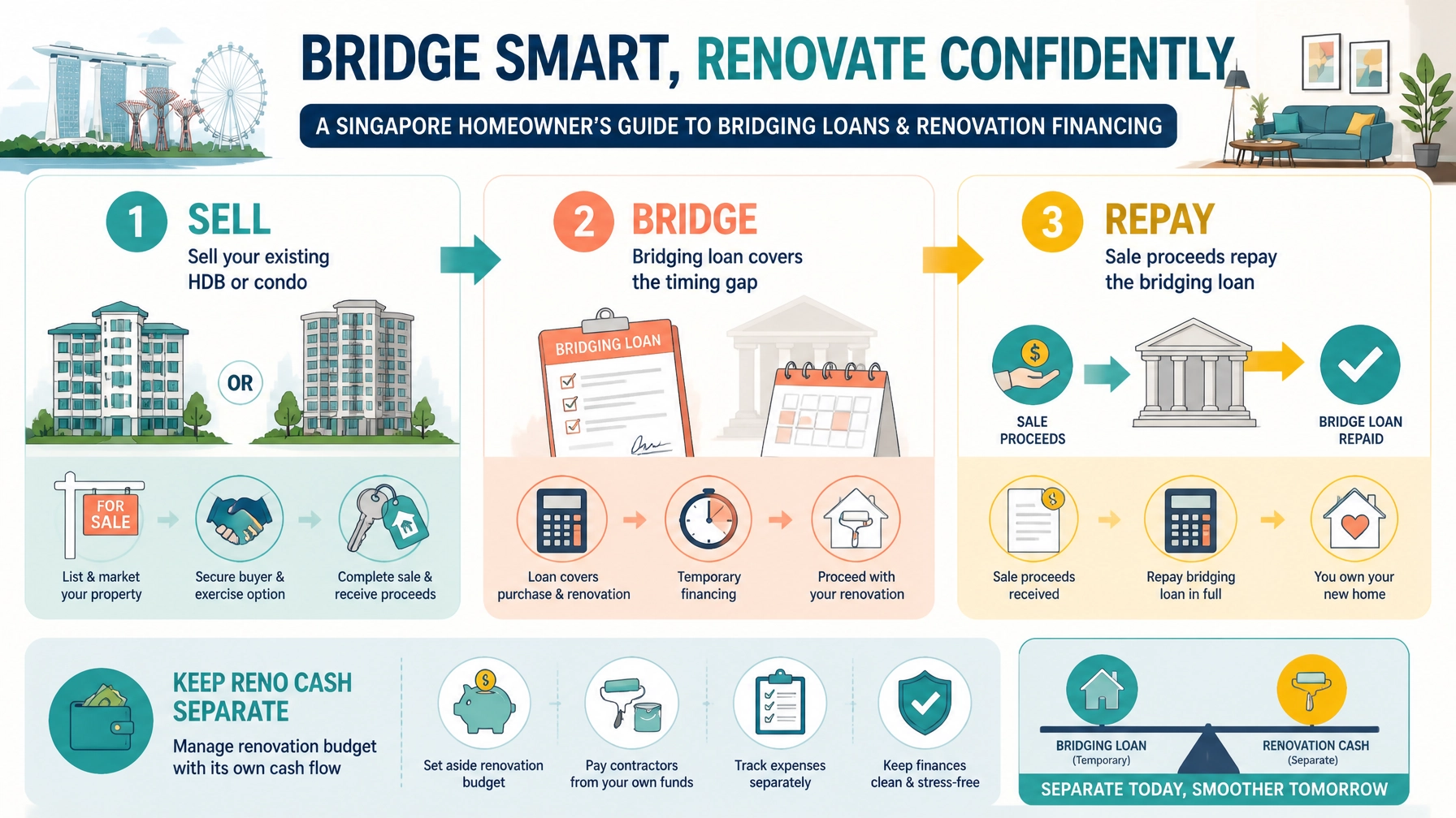 Illustrated three-step process showing how a bridging loan connects the sale of an existing property to a new purchase while keeping renovation cash separate