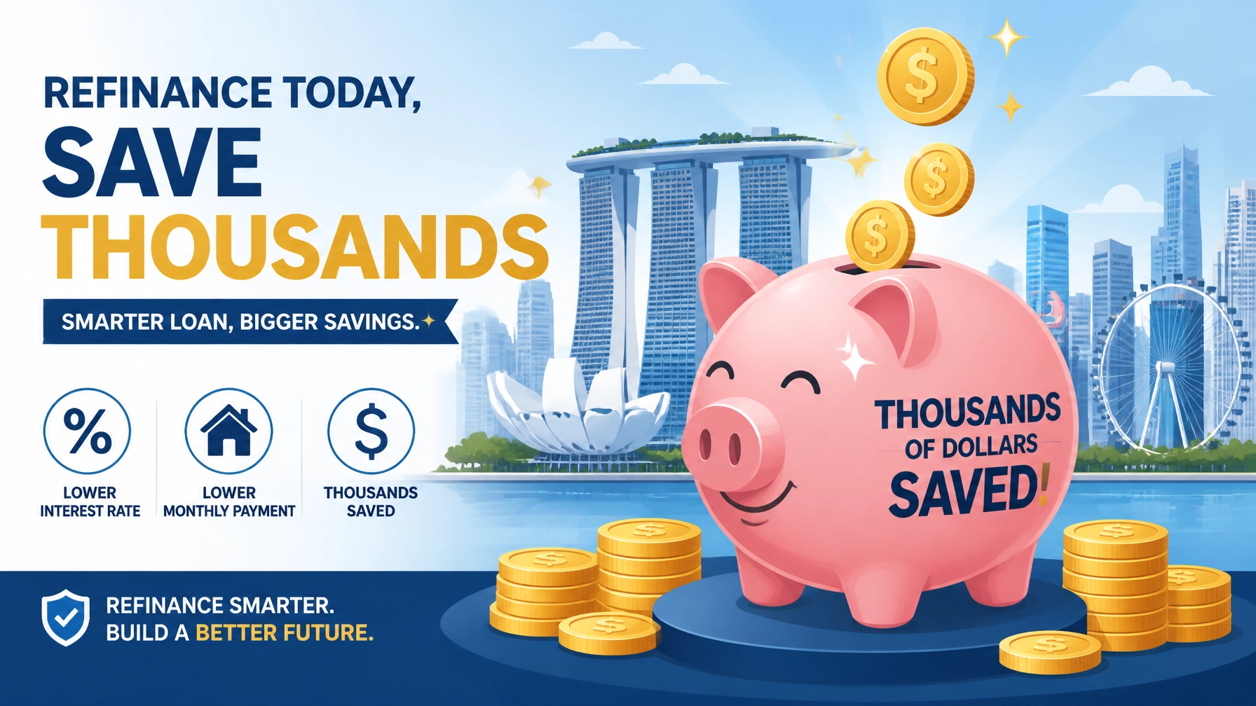 A modern piggy bank with dollar signs and Singapore property skyline symbolizing savings