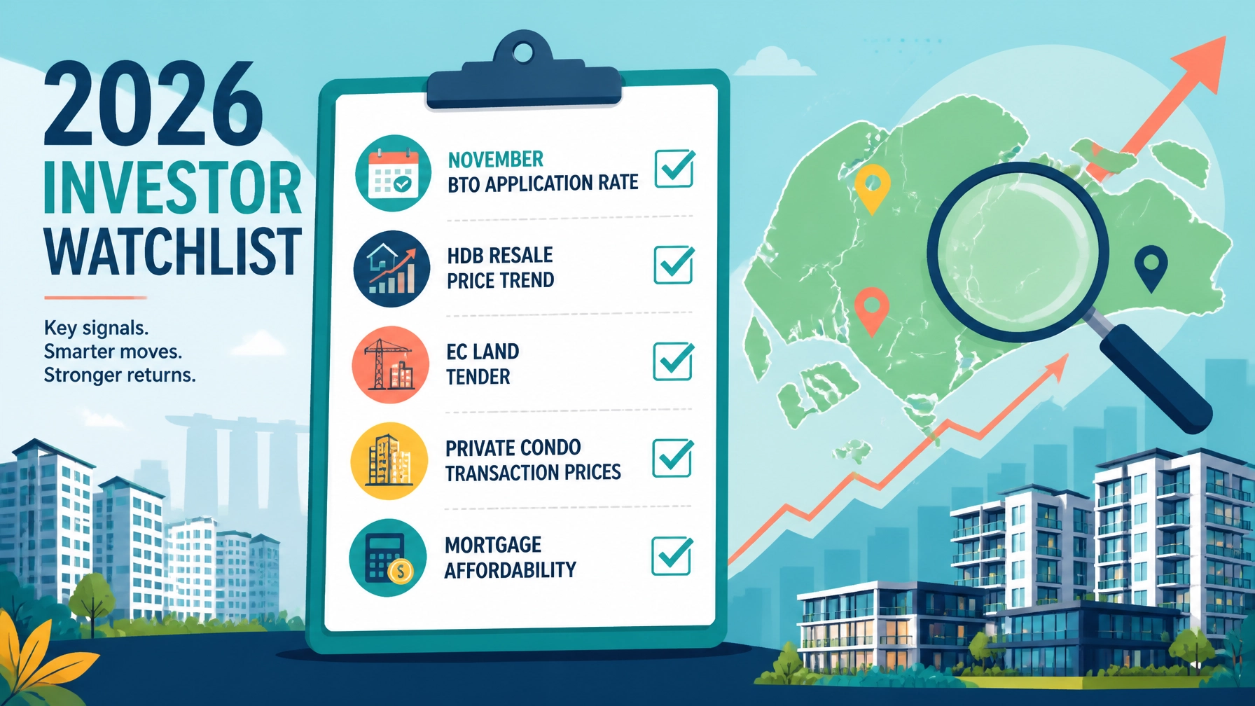 Singapore property investor watchlist showing BTO demand, HDB resale, EC land tenders and condo pricing