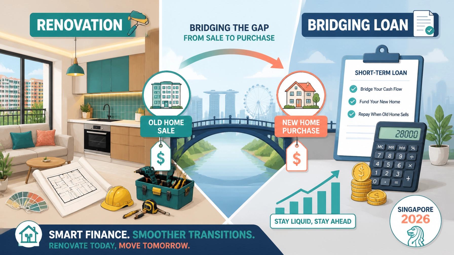 Singapore 2026 home renovation and bridging loan guide showing a renovated HDB home, property keys, loan documents and a financial bridge