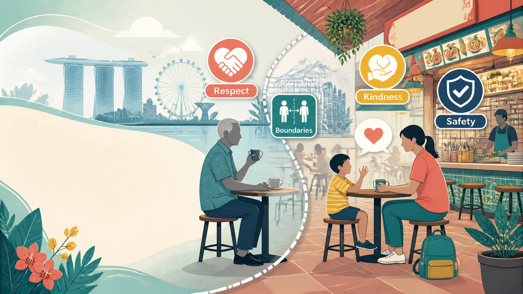 Illustrated Singapore coffee shop scene representing respect, boundaries, kindness and safety