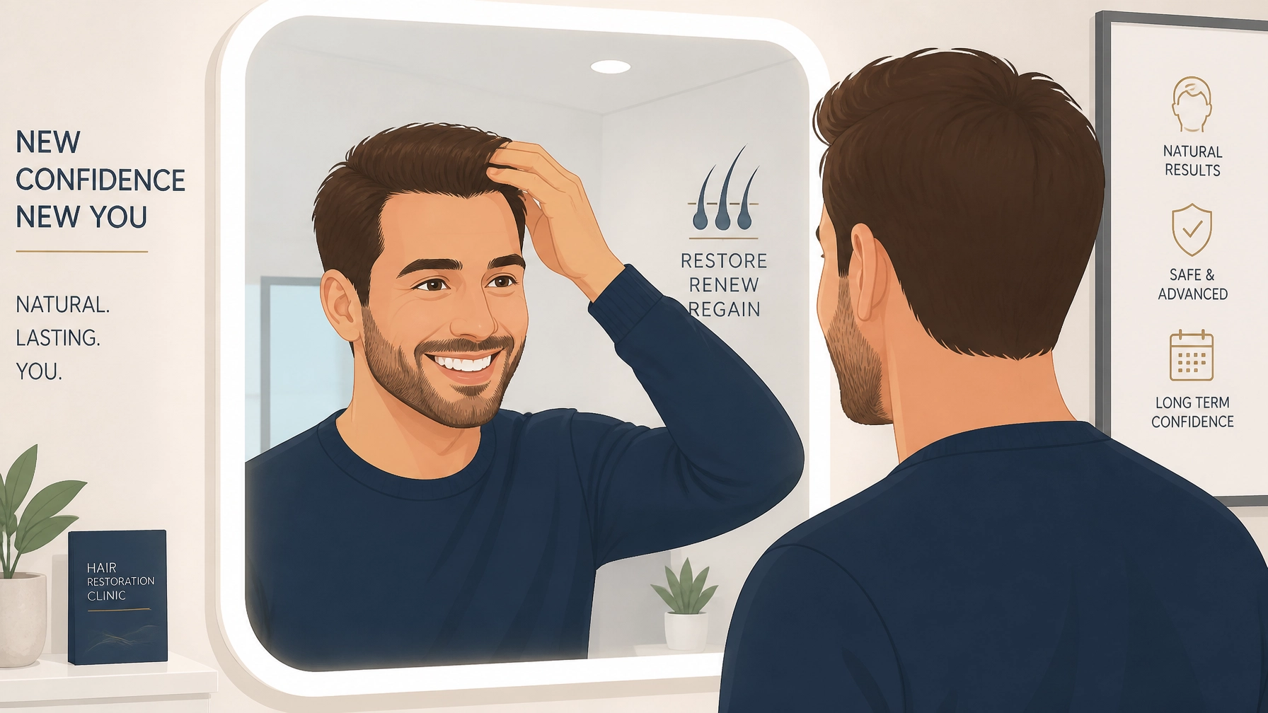A smiling man looking at his restored hairline