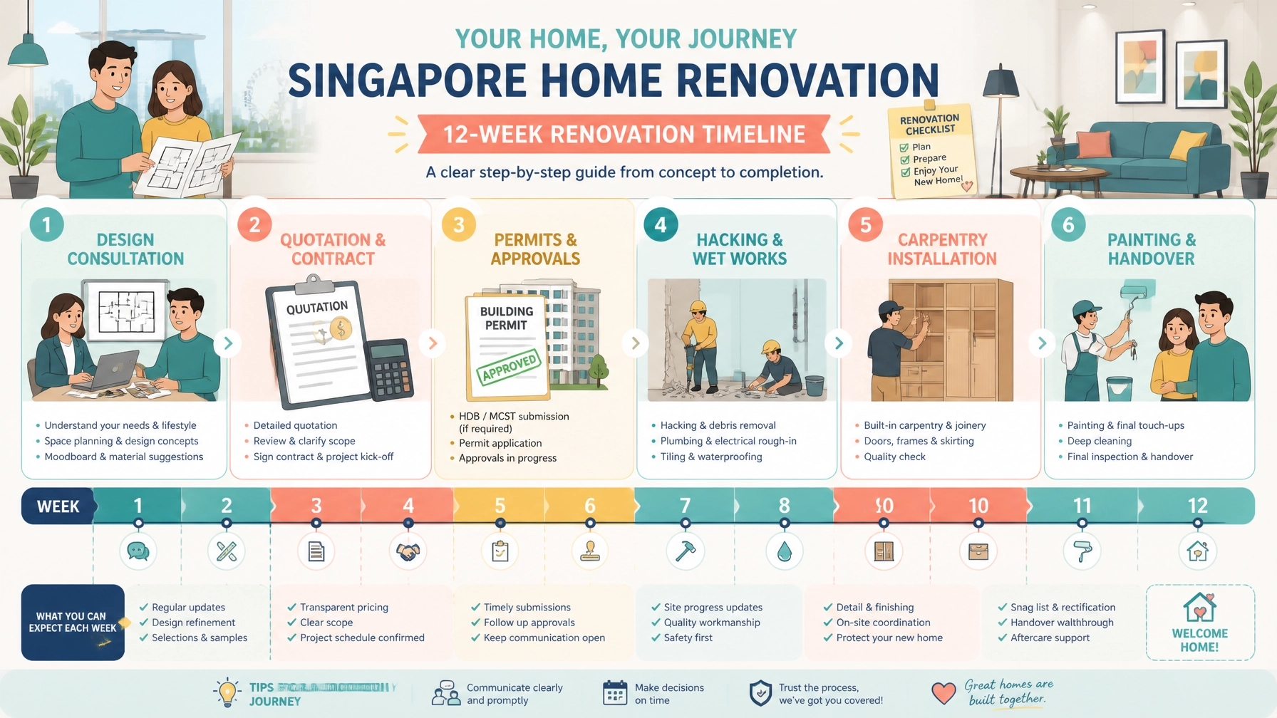 Singapore home renovation timeline from design consultation and permits to hacking, carpentry installation and handover
