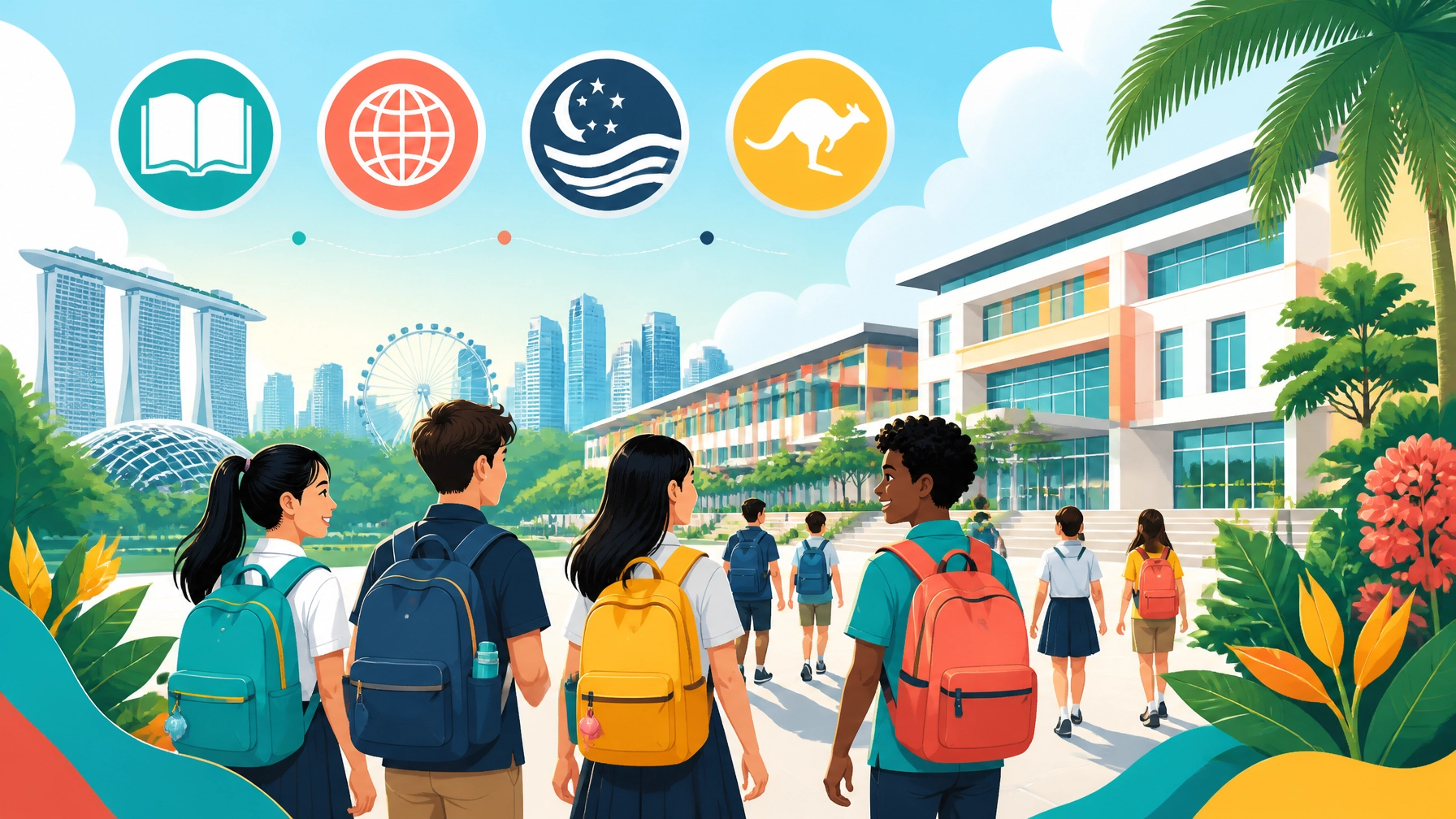 A diverse group of students walking towards a modern Singapore international school campus with curriculum icons and skyline details