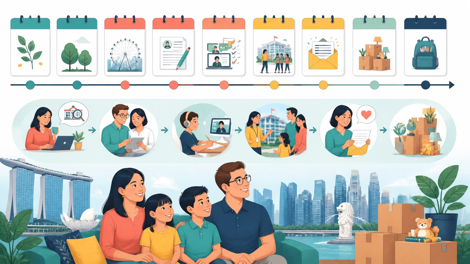 Singapore international school admissions timeline showing school tours, applications, assessments, offers and relocation planning