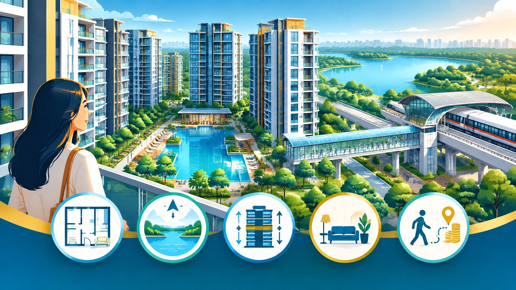 Stylised view of Lucerne Grand condominium beside Lakeside MRT with unit-selection infographic elements