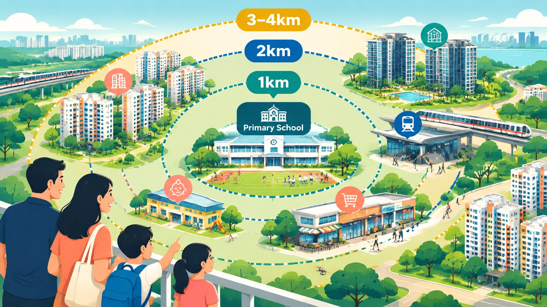 Singapore neighbourhood map showing 1km, 2km and 3–4km property search rings around a primary school