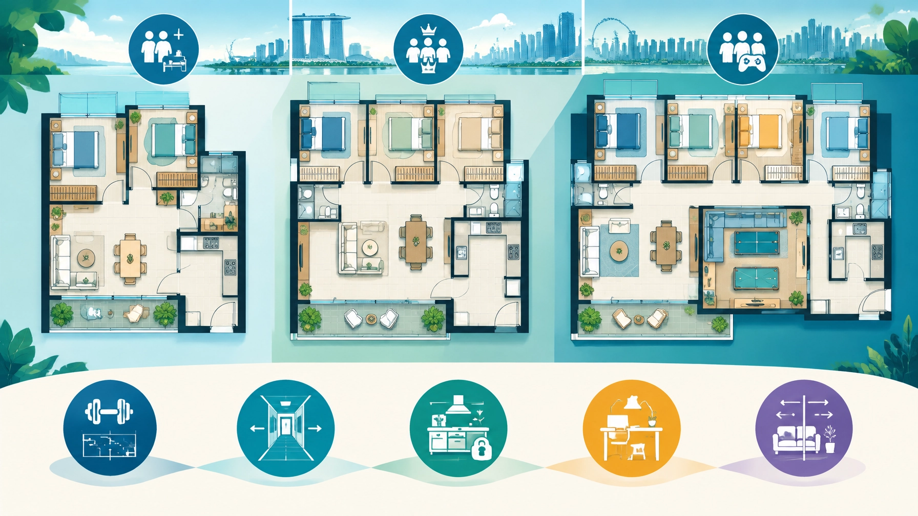Illustration comparing Lucerne Grand two-bedroom, three-bedroom and four-bedroom layouts