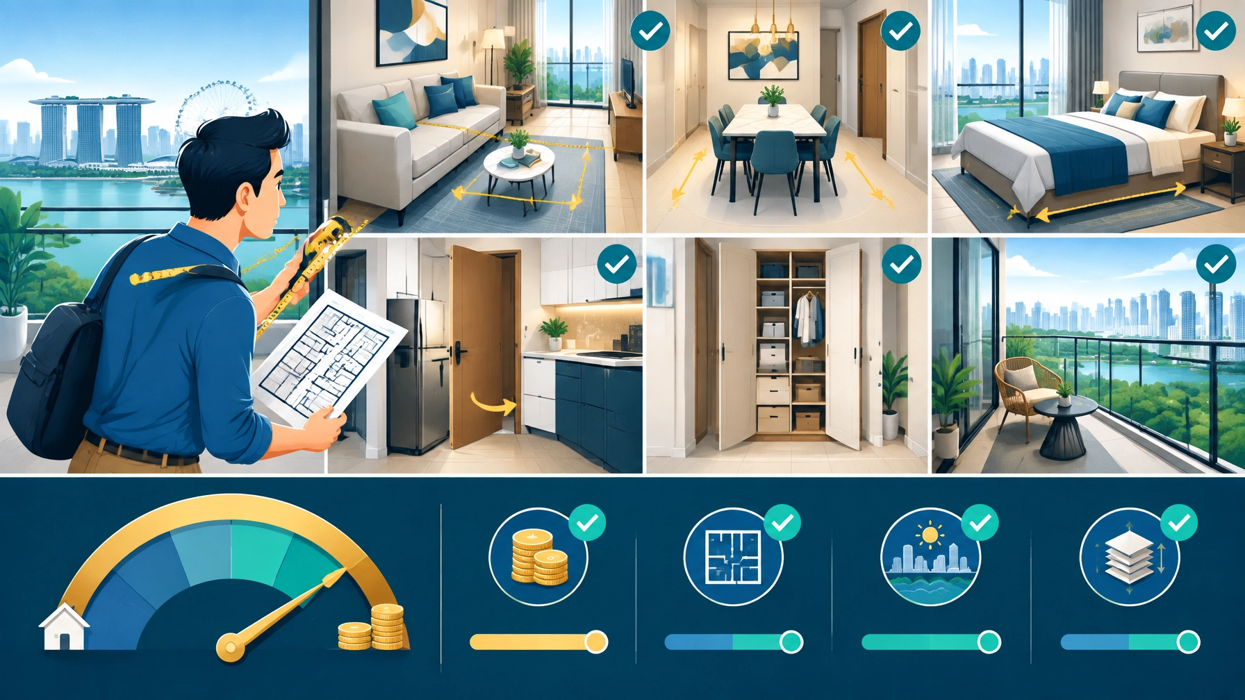 Modern flat-vector illustration of buyers checking apartment circulation and room efficiency