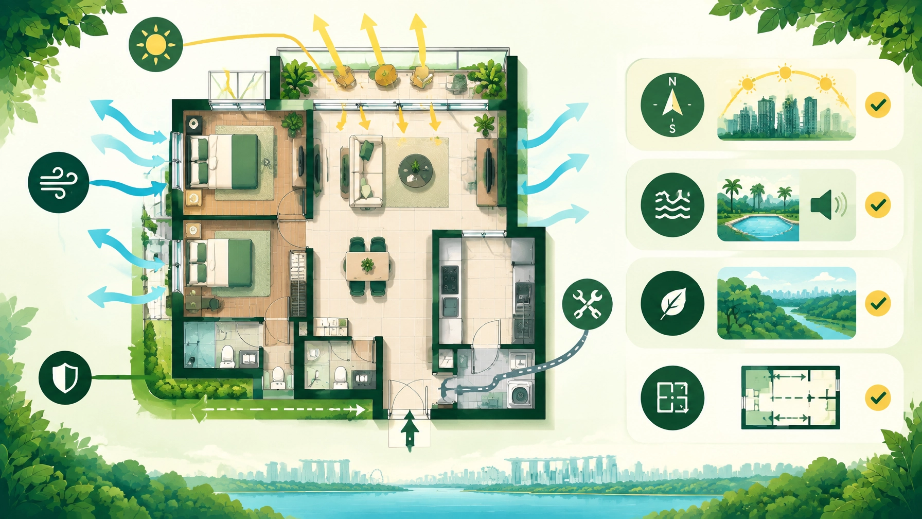 Modern overhead condominium site-plan illustration showing facility zones, reserve-facing edges and unit-selection factors