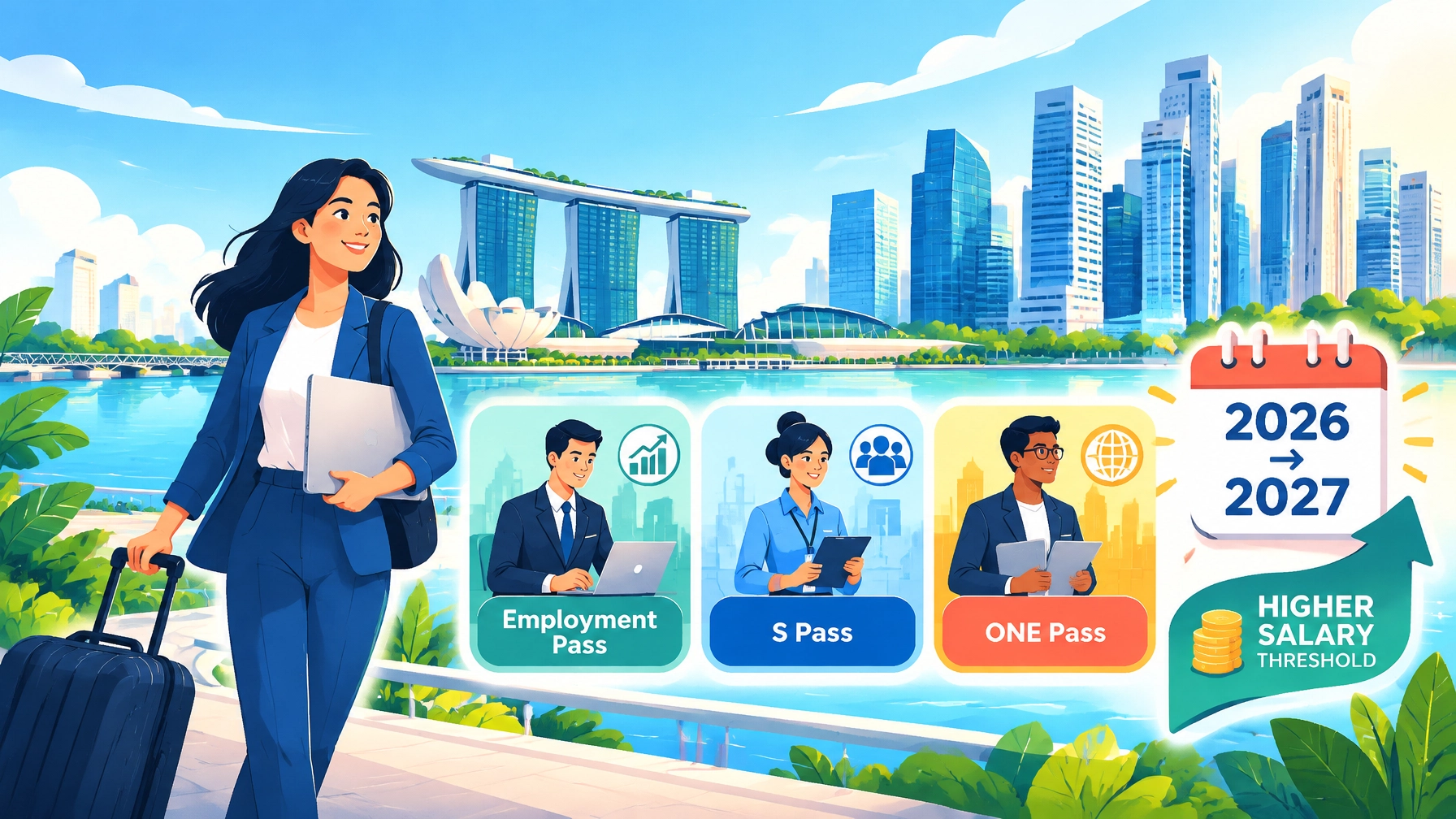 International professional arriving in Singapore with Employment Pass, S Pass and ONE Pass comparison panels