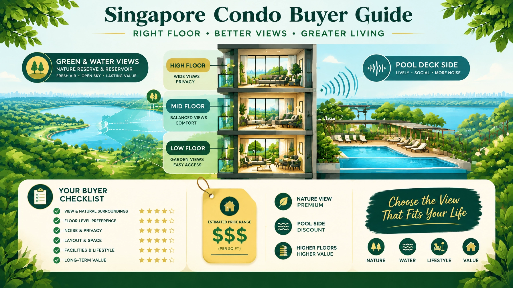 Illustration comparing low, mid and high floors with greenery views, pool noise and sightline considerations
