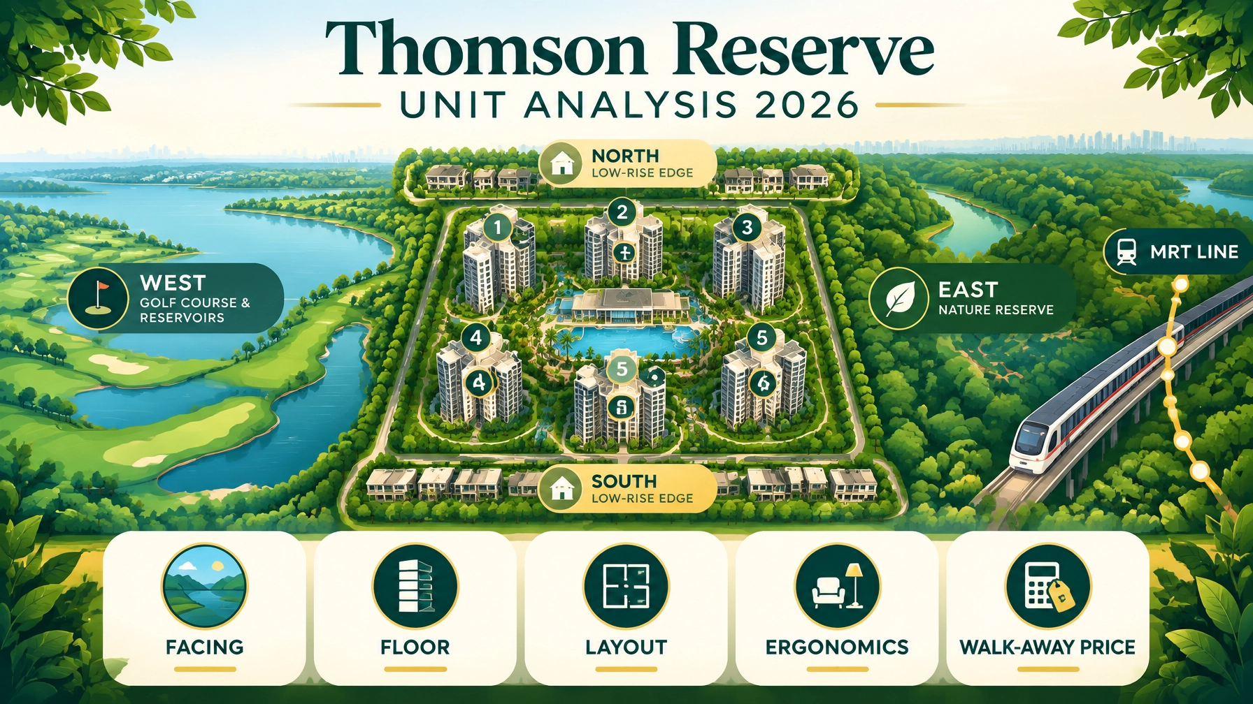 Thomson Reserve unit selection infographic showing layouts, facing, floor levels and walk-away price considerations