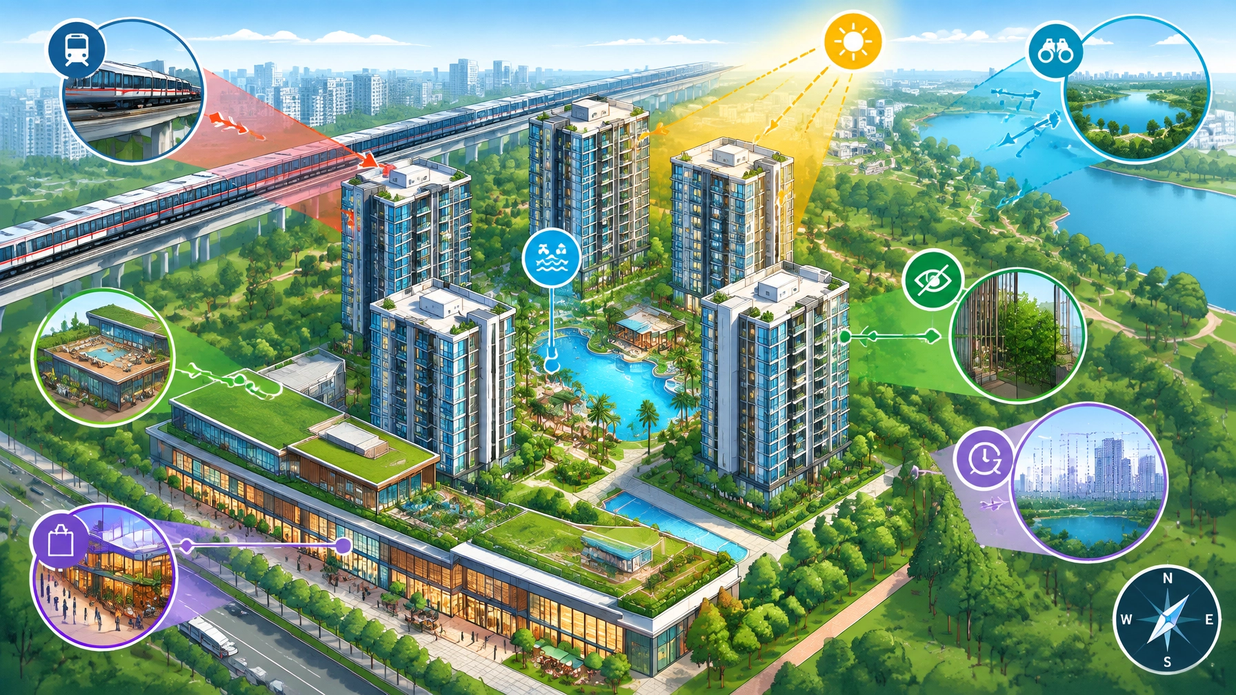 Infographic-style illustration of Lucerne Grand blocks, central courtyard, MRT tracks and facing considerations