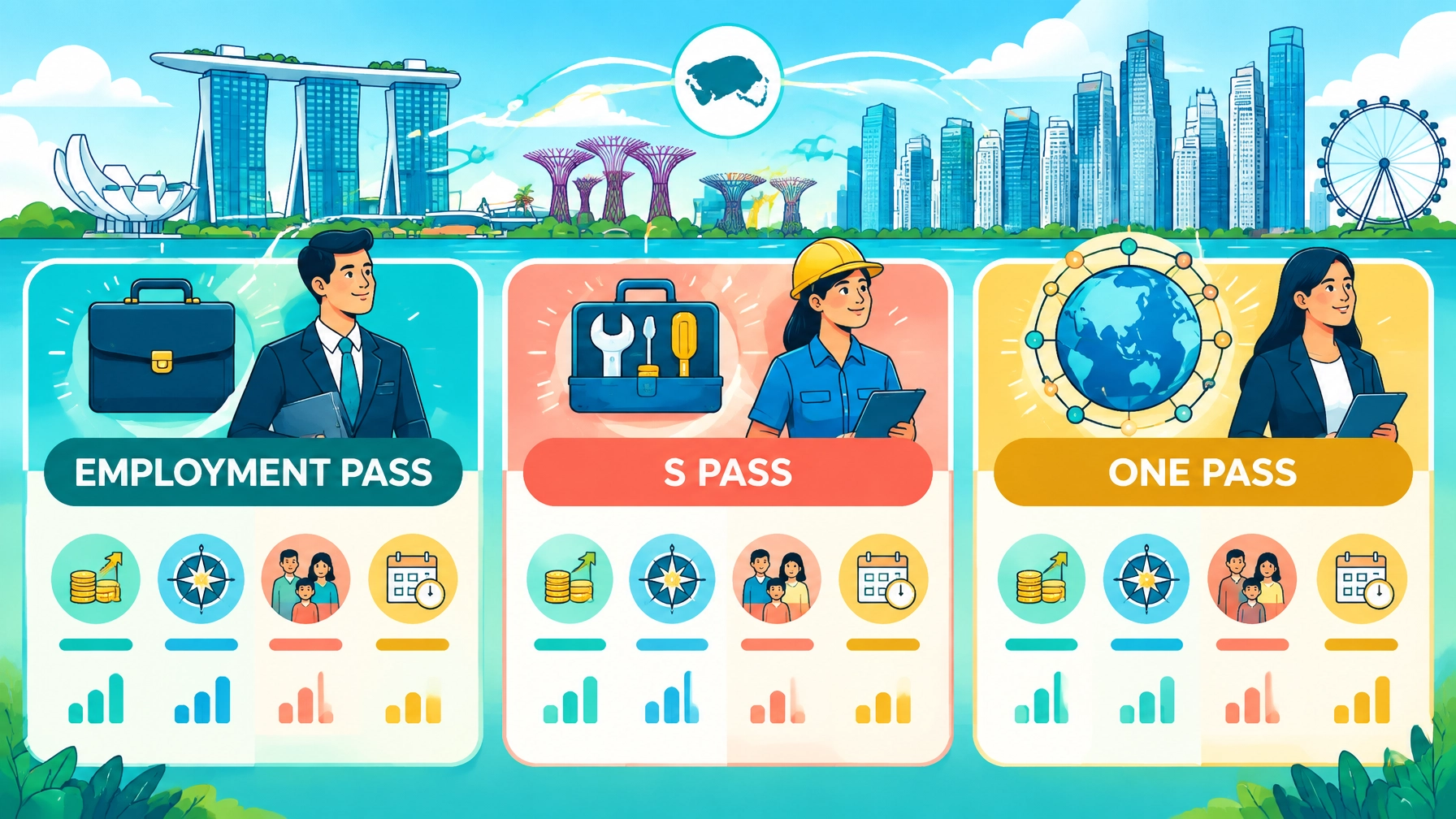 Three-column visual comparison of Singapore Employment Pass, S Pass and ONE Pass