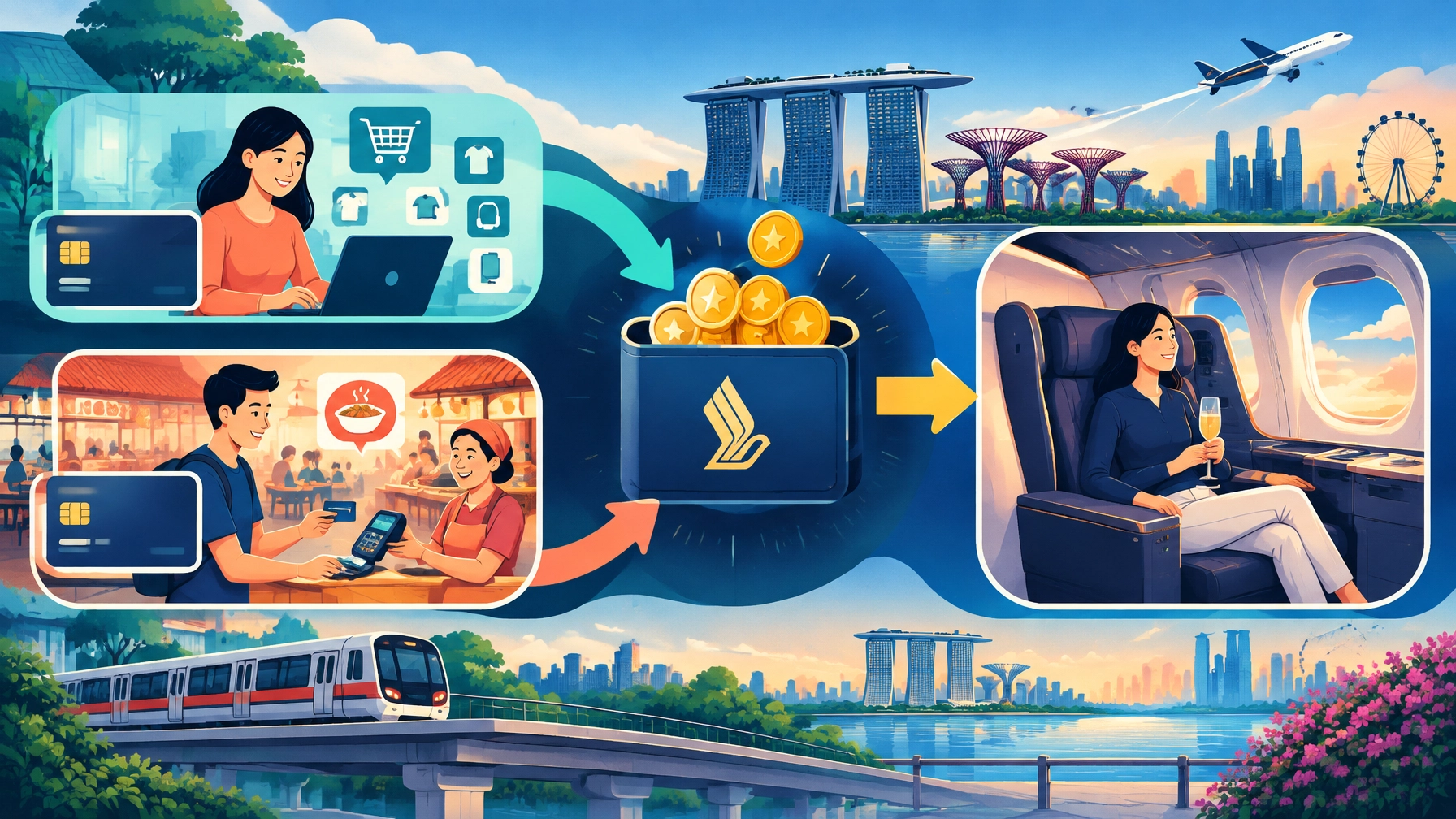 Two-card miles strategy routing online and offline spending into a business-class flight redemption