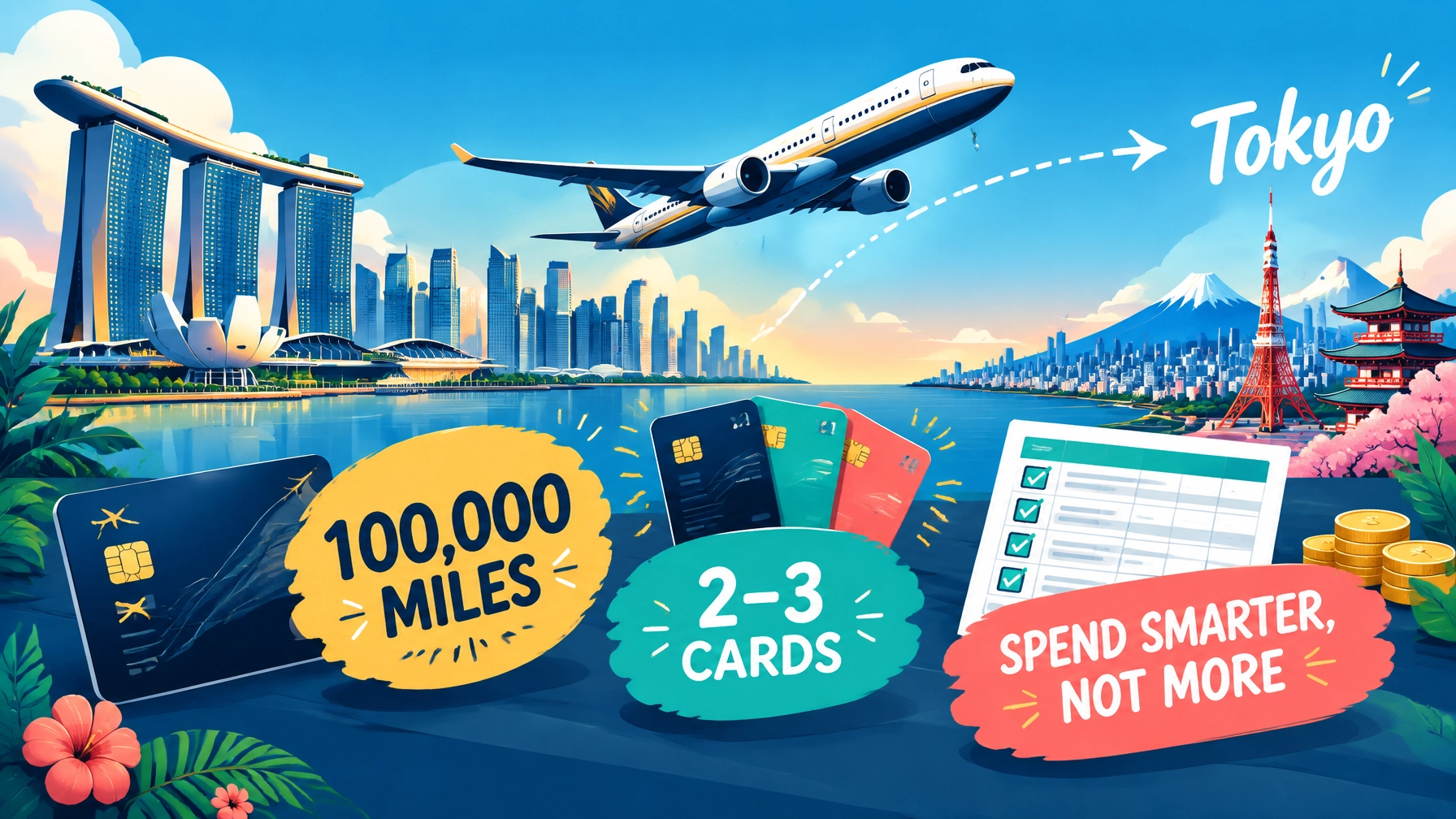 Singapore miles hacking strategy showing a credit card, spending tracker, 100,000 miles target and business-class aircraft flying from Singapore to Tokyo