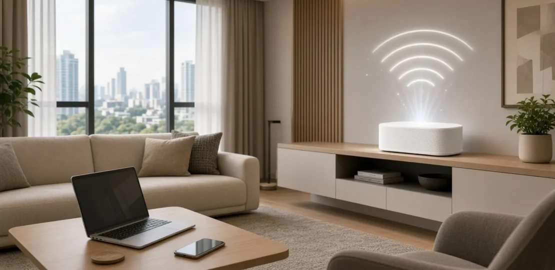 A white mesh Wi-Fi router on a shelf in a Singapore living room with a laptop and phone