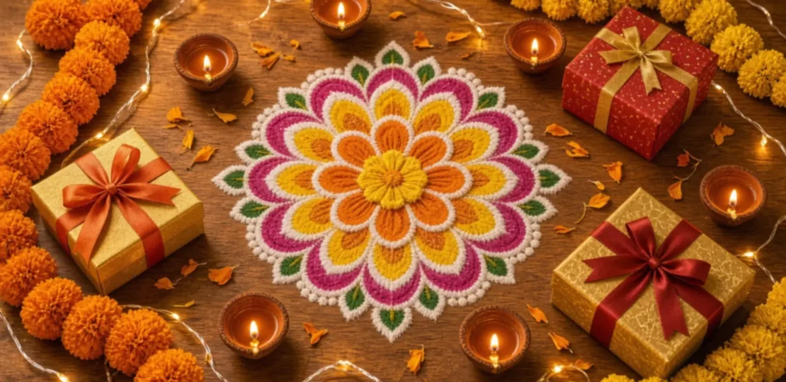 Deepavali decorations and gifts with clay diyas, a rangoli, marigolds and fairy lights