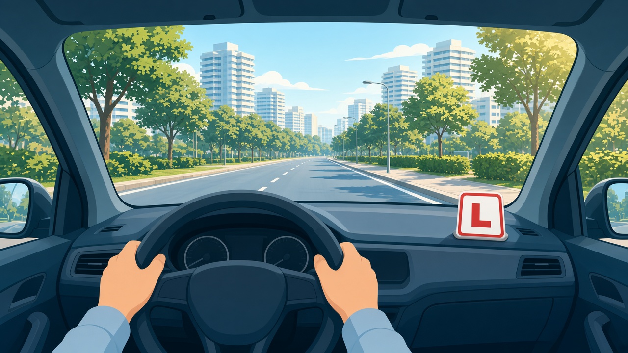 Learner driver's view of a tree-lined Singapore road